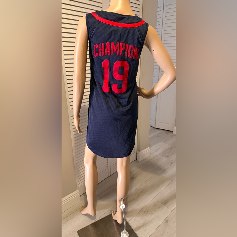 Champion Mesh Jersey Mini Dress | Size Small | Navy Red Button Front Sport Dress